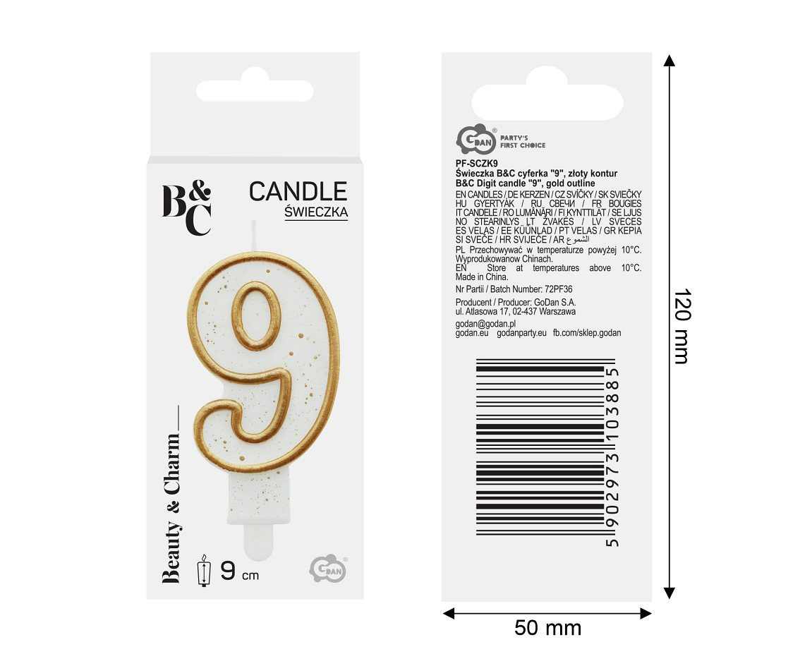 Digit candle "9", gold outline, 8 cm